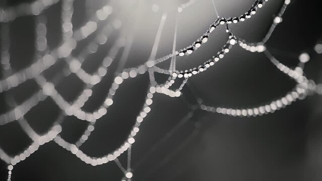 A spider web covered in dew resembling a string of diamonds. Black and white art