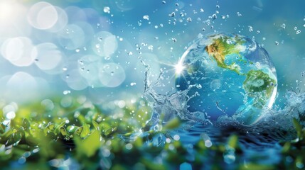World Water Week. Horizontal banner. Blue drop of water symbolizing planet earth on a blue background. Save water and environment concept. Climate change problem. Free space for text