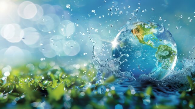 World Water Week. Horizontal banner. Blue drop of water symbolizing planet earth on a blue background. Save water and environment concept. Climate change problem. Free space for text