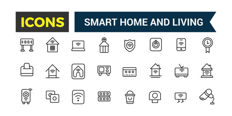 Smart home and living icons set. Outline icons pack. Editable vector line icon set and illustration for web and UI application.