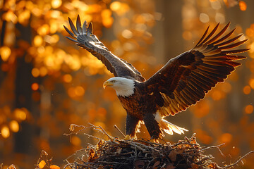 Autumn Vigilance: Majestic Bald Eagle Guards Its Nest