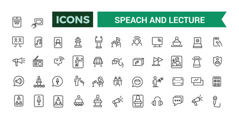 Speach and Lecture icons set outline vector. Outline icons pack. Editable vector line icon set and illustration for web and UI application.