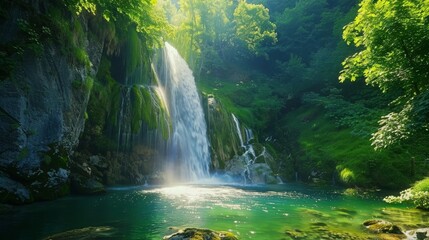 Tranquil Waterfall in Lush Green Forest. Serene Nature Scene with Sunlight