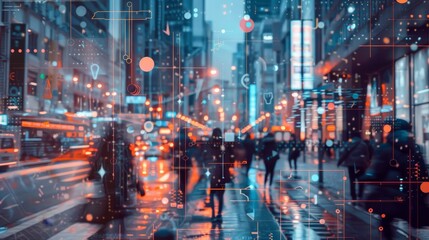 A blurry image of a city street with people walking and cars driving