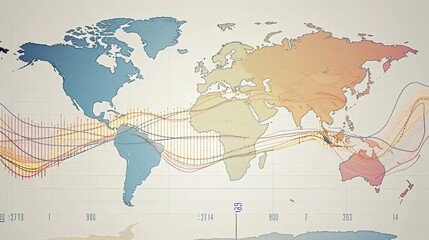 A colorful map of the world with a line drawn through it