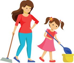 A mother and daughter cleaning the house together, the mother sweeping the floor while the daughter holds a bucket.