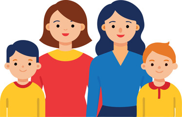 Fototapeta premium A happy family portrait with a mother and two children standing close together and smiling.