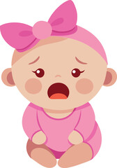 Fototapeta premium Illustration of a crying baby with a bow on its head, expressing sadness.