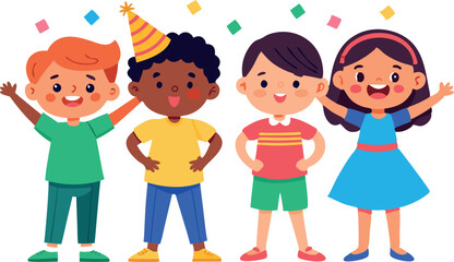 Fototapeta premium Illustration of diverse children standing together, celebrating friendship and diversity at a party.