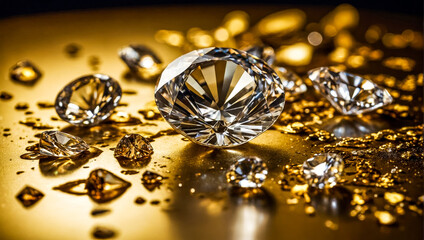 Fototapeta premium several gemstones, diamonds, placed on a reflective golden surface with vibrant lighting that creates colorful reflections