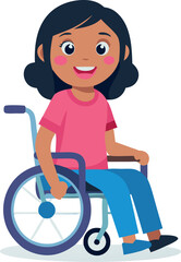 Illustration of a girl in a pink shirt and blue jeans sitting in a wheelchair, smiling. This inclusive character represents diversity and disability awareness.