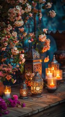 A collection of beautifully designed candles and lanterns glowing softly, creating a warm and inviting ambiance for diwali 