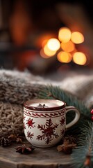 Fototapeta premium A cozy scene of a festive mug filled with hot drink, placed on a table near a softly glowing fireplace.