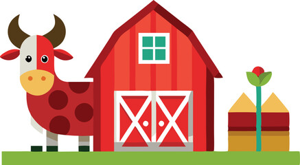 Fototapeta premium A colorful farm scene with a red barn, a cow, and a small garden, depicting a typical rural farm setting.