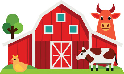 A lively farm illustration featuring a red barn, cows, a tree, and other farm elements, capturing the essence of farm life.