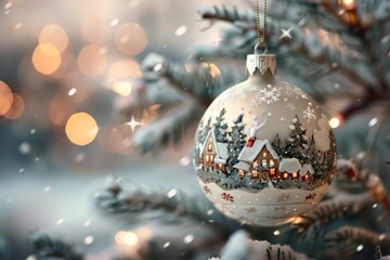 A detailed close-up of a Christmas ornament featuring a snowy village scene, with a soft-focus holiday background