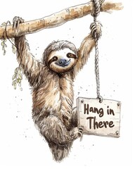 a sloth hanging from a branch with a sign "Hang in There" 