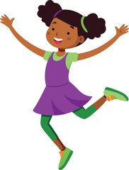 Obraz premium Illustration of a happy girl dancing, wearing a purple dress, expressing joy and freedom through movement.