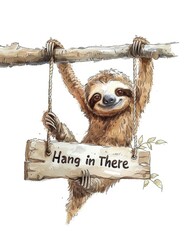 a sloth hanging from a branch with a sign "Hang in There" 