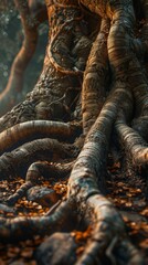 A detailed close-up of the roots and trunk of an ancient Bodhi tree, emphasizing its strength and history. Bodhi Day selebration