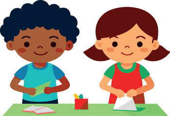 Two kids smiling while cooking, sharing the joy of preparing food. The illustration captures the happiness and teamwork in the kitchen.