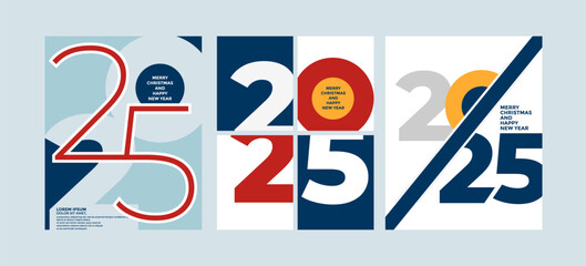 2025 Colorful set of Happy New Year posters. Abstract design with typography style. Vector logo 2025 for celebration and season decoration, backgrounds for branding, banner, cover, poster and more.
