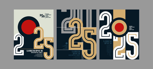 2025 Colorful set of Happy New Year posters. Abstract design with typography style. Vector logo 2025 for celebration and season decoration, backgrounds for branding, banner, cover, poster and more.