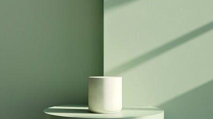Fototapeta premium A white vase sits on a round pedestal in front of a green wall. Product presentation background