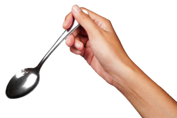 Female hand holding silver spoon isolated transparent