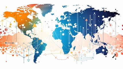 Obraz premium A colorful world map with lines and arrows on it