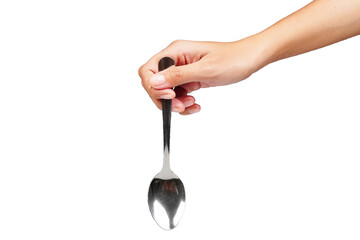 Female hand holding silver spoon isolated transparent