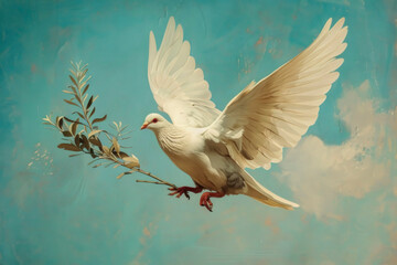 Obraz premium Dove of peace. A graceful white dove soars in the sunlit sky, holding an olive branch in its beak.