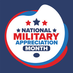 National Military Appreciation Month in May. Annual Armed Forces Celebration Month in United States. Patriotic american elements. Poster, card, banner and background. Vector illustration