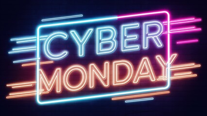 A neon sign that says cyber monday on a brick wall, AI