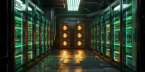 Rows of towering servers in a data center, illuminated by cool blue lights. Cables snake between the servers, creating a web of connectivity. Cryptocurrency, bitcoin
