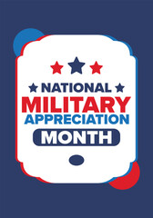 National Military Appreciation Month in May. Annual Armed Forces Celebration Month in United States. Patriotic american elements. Poster, card, banner and background. Vector illustration