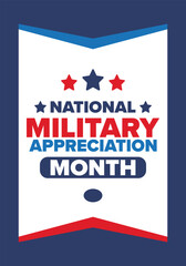 National Military Appreciation Month in May. Annual Armed Forces Celebration Month in United States. Patriotic american elements. Poster, card, banner and background. Vector illustration