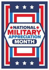 Fototapeta premium National Military Appreciation Month in May. Annual Armed Forces Celebration Month in United States. Patriotic american elements. Poster, card, banner and background. Vector illustration