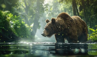 Obraz premium Bear fishing in a river, lush forest background