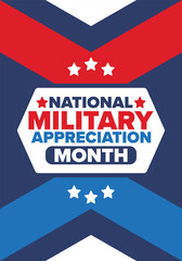 National Military Appreciation Month in May. Annual Armed Forces Celebration Month in United States. Patriotic american elements. Poster, card, banner and background. Vector illustration