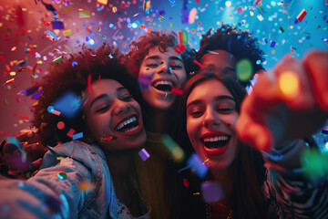 A group of friends celebrating with colorful confetti falling around them, capturing the joy and excitement of the moment.