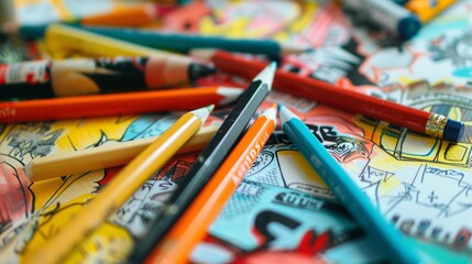 Obraz premium An assortment of pencils and pens lying on a sketchbook, surrounded by vibrant illustrations and doodles