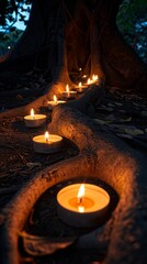 A row of lit candles placed at the base of a Bodhi tree, casting a warm and peaceful glow. Bodhi Day selebration