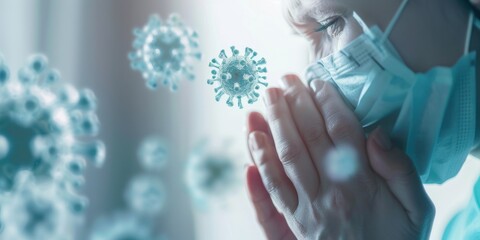 A close-up of a person coughing into their elbow, with a single virus particle floating in the air, illustrating the spread of respiratory illnesses