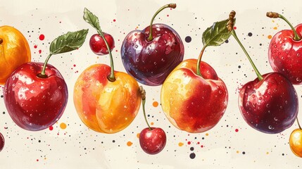 Artistic watercolor painting of various cherries with vibrant colors, splashes and leaves, depicting summer fruit in a playful style.