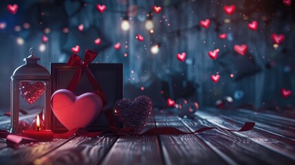 Valentine s Day themed romantic movie setting with love symbols on dark backdrop