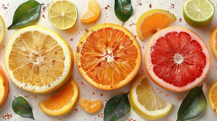 Colorful citrus fruit slices including lemon, orange, and grapefruit on a light background with green leaves. Fresh and vibrant presentation.