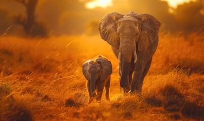 Obraz premium Elephant herd walking across the savannah, dusty landscape