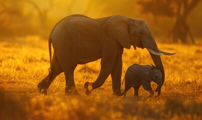 Fototapeta premium Elephant herd walking across the savannah, dusty landscape