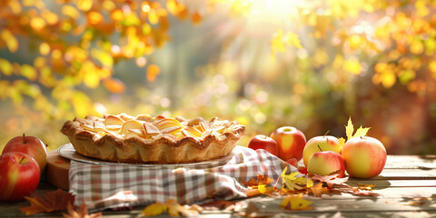 Delicious steaming hot apple pie decorated with sliced apples on a wooden table outdoors. Dessert served with afternoon tea at autumn garden.